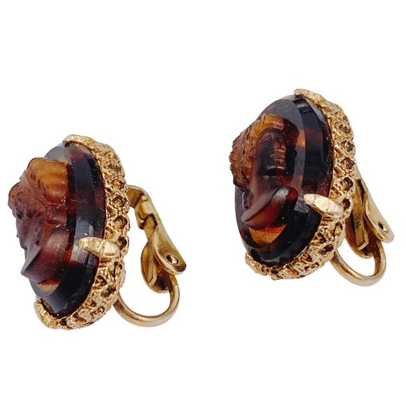 Vintage Signed Lisner Clip-On Earrings 14k Gold-Plated Cameo Faux Tortoiseshell - Picture 4 of 10